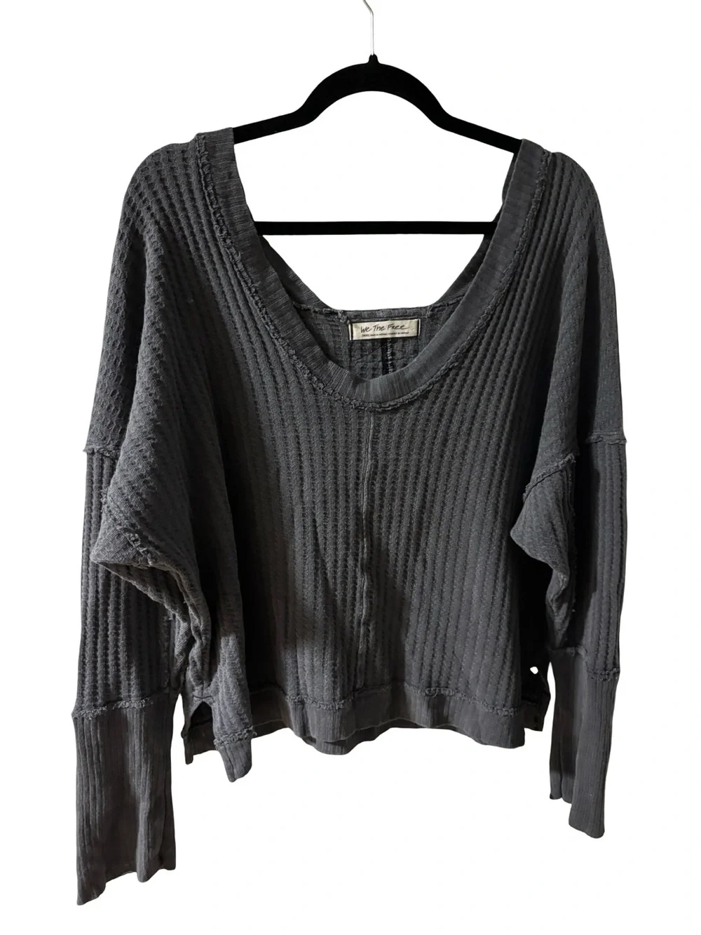Free People Boho Grunge Whimsigoth Relaxed Charcoal Waffle Knit Pullover Small
